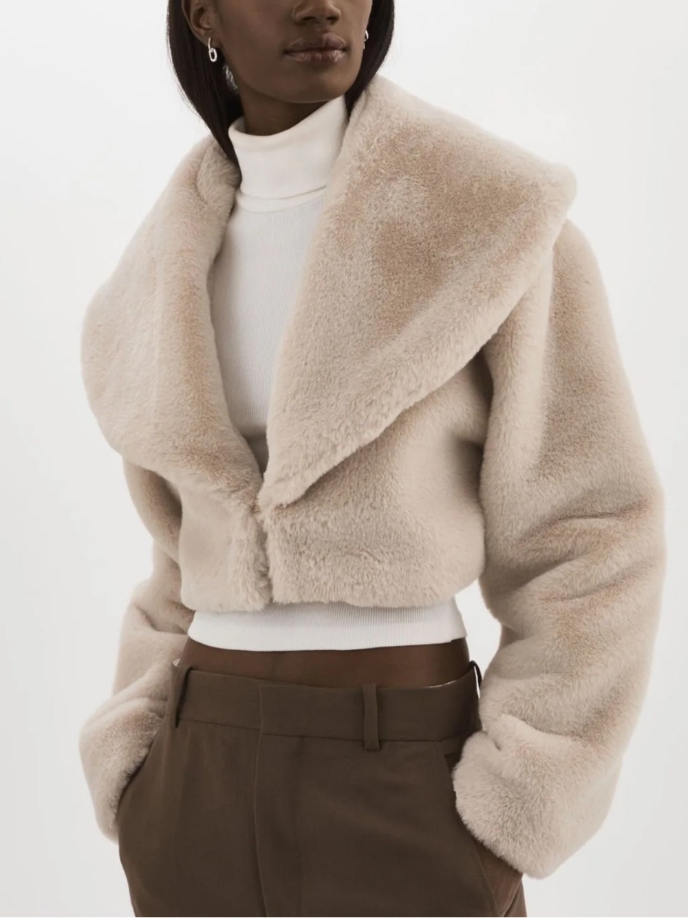 Lamarque Cropped Faux Fur Jacket in Soft Blush Taupe